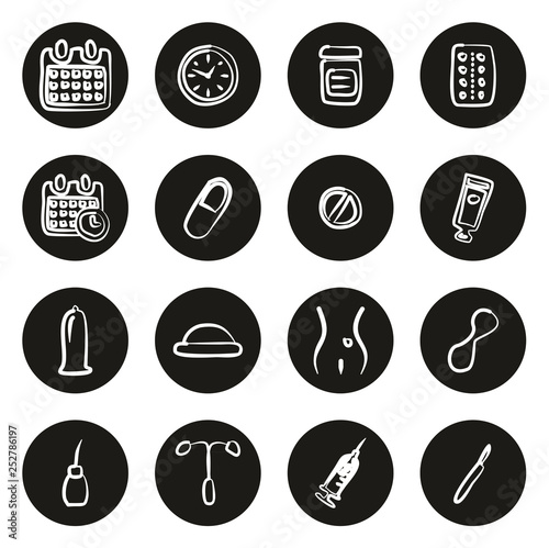 Contraception Methods Icons Freehand White On Black Circle