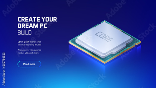 Gaming and workstation computer CPU isometric illustration, custom PC components, computer store and service, hi-tech website