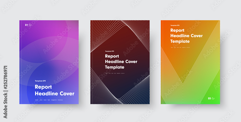 Design of modern vector covers with color gradients and abstract lines and shapes.