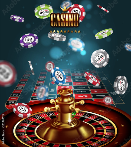Casino advertising with roulette and elements of casino games on a blue background.  3D vector. High detailed realistic illustration.