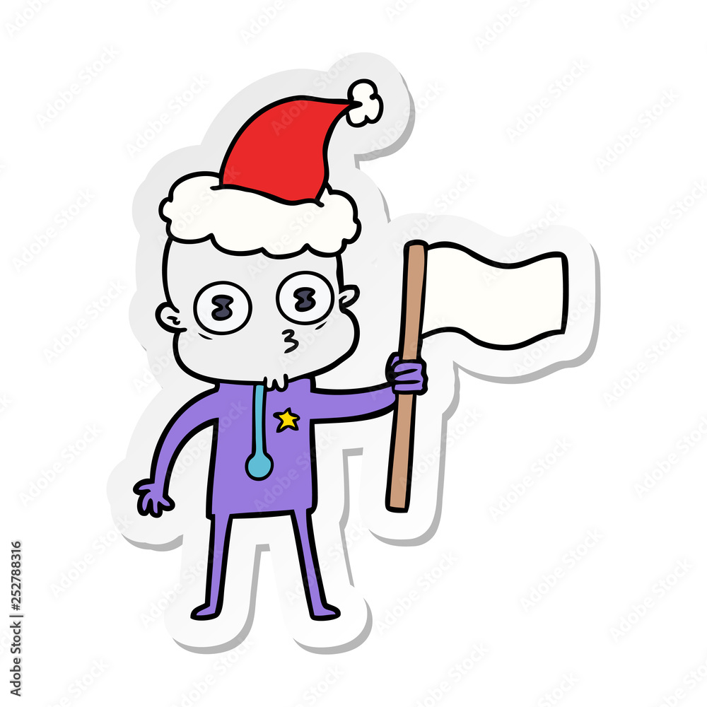 sticker cartoon of a weird bald spaceman with flag wearing santa hat sticker cartoon of a weird bald spaceman with flag wearing santa hat