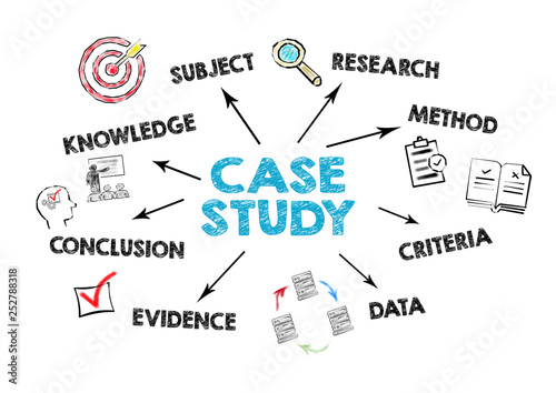 Case study concept. Chart with keywords and icons on white background
