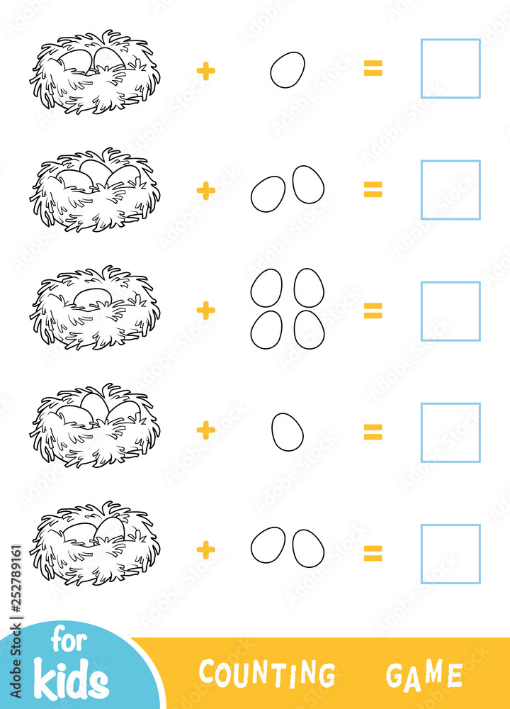 counting game for preschool children addition black and white worksheet birds eggs in the nest stock vector adobe stock