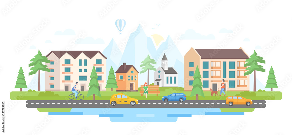 City by the mountains - modern flat design style vector illustration