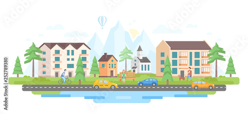 City by the mountains - modern flat design style vector illustration
