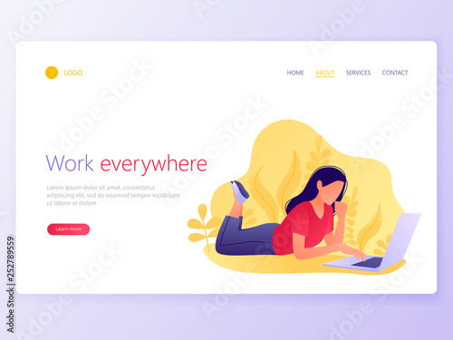 Landing Web page template of Woman working on a laptop. Work anywhere, everywhere, freelance, social media, spending free time online concept. Flat vector illustration.