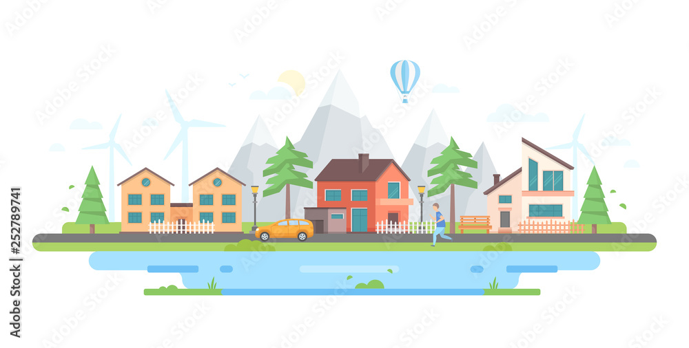 Town by the hills - modern flat design style vector illustration