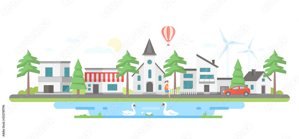 Landscape with a pond - modern flat design style vector illustration