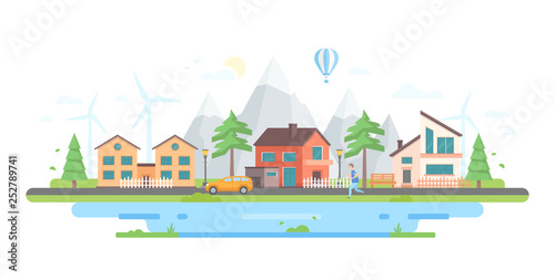 Town by the hills - modern flat design style vector illustration