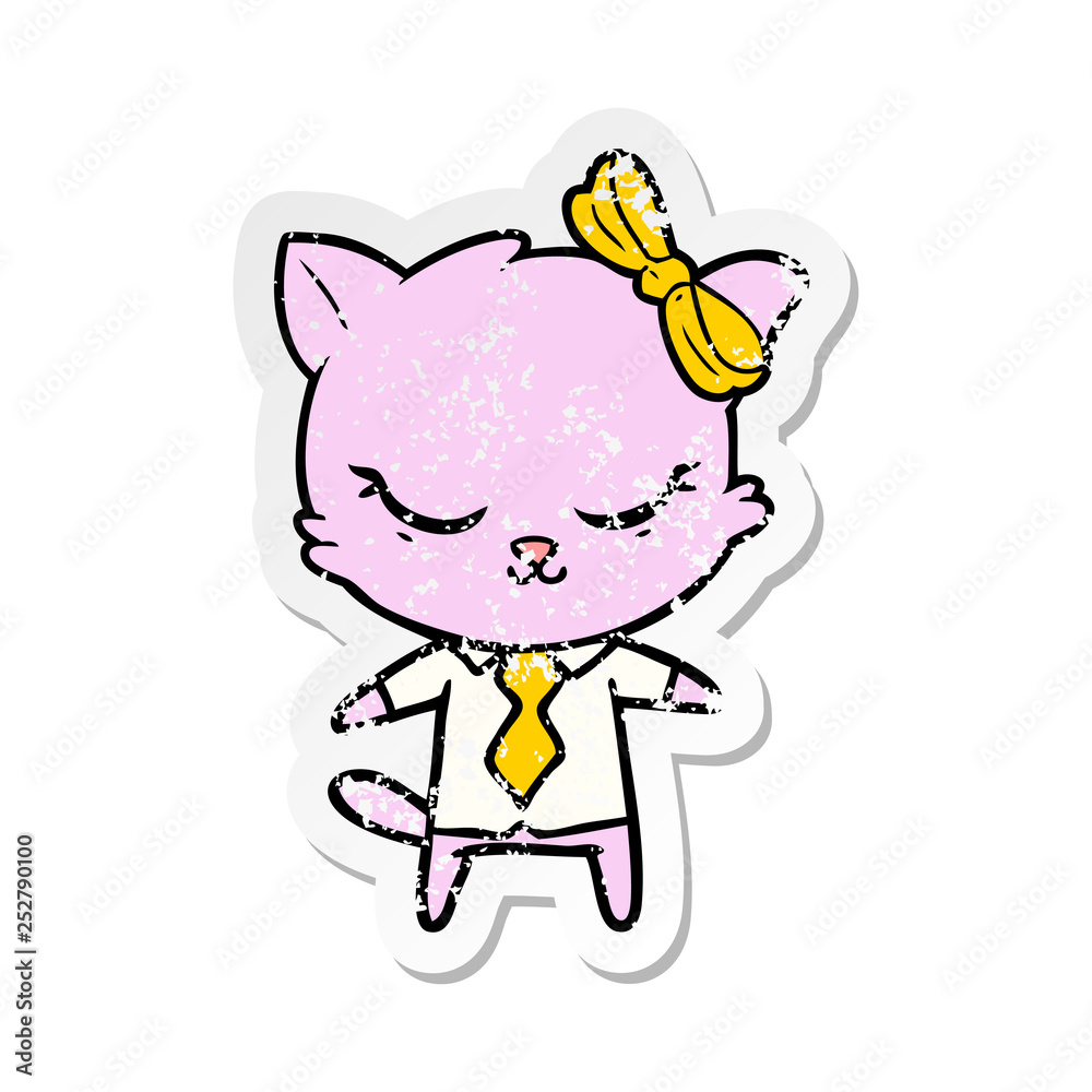 distressed sticker of a cute cartoon business cat with bow distressed sticker of a cute cartoon business cat with bow