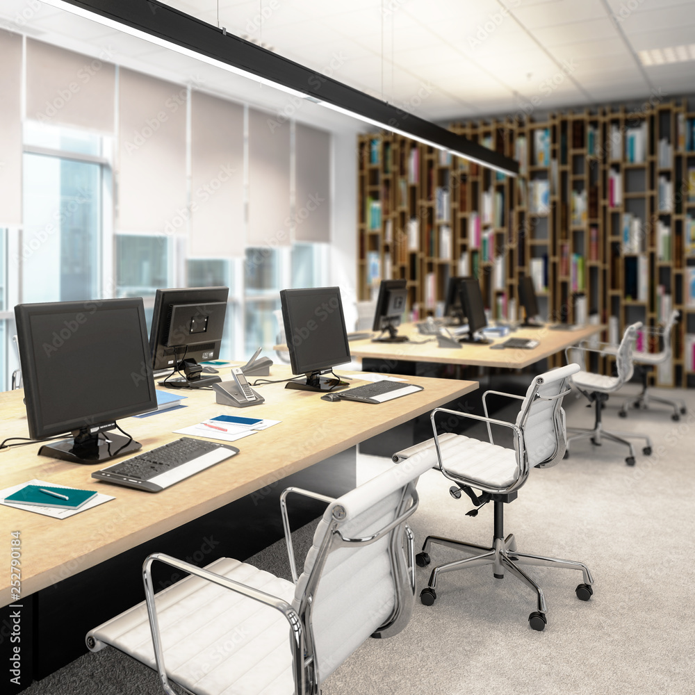 Computer Workplace Inside a Business Center (focus) - 3d visualization