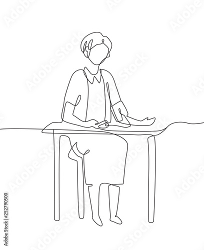 Woman measures blood pressure - one line design style illustration