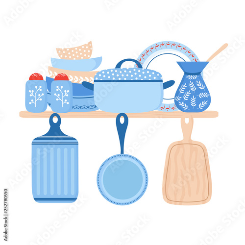 Crockery ceramic cookware. Blue porcelain dishes, pans and bowls vector illustration. Crockery porcelain dish plate, pottery and dishware