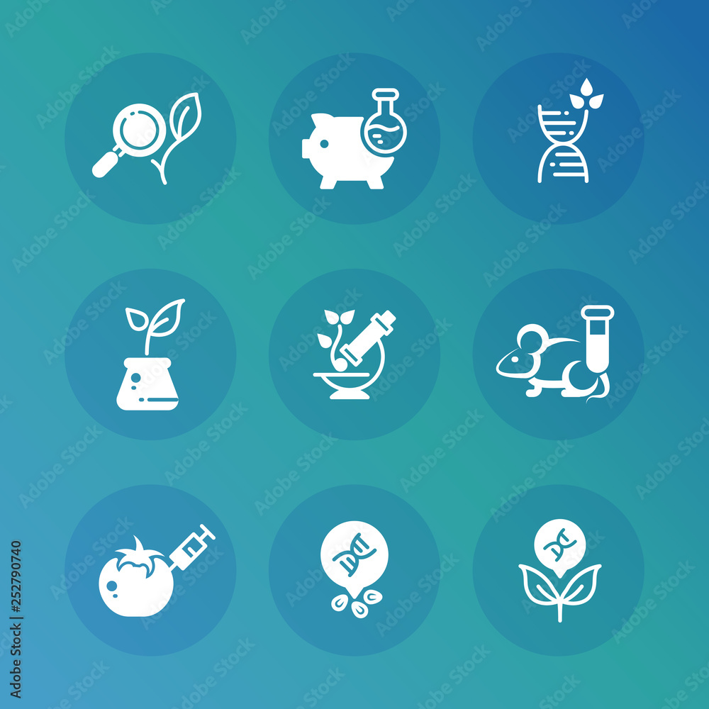 Genetic modification biotechnology and dna research vector icons set. Science research, biotechnology dna icons, genetic and medical illustration