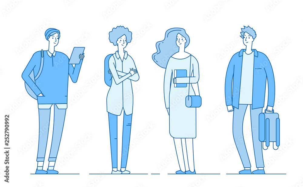 College students. Young smart boys and girls teenager school student group studying persons flat line vector concept. Illustration of college boy and girl, young people character College students. Young smart boys and girls teenager school student group studying persons flat line vector concept. Illustration of college boy and girl, young people character