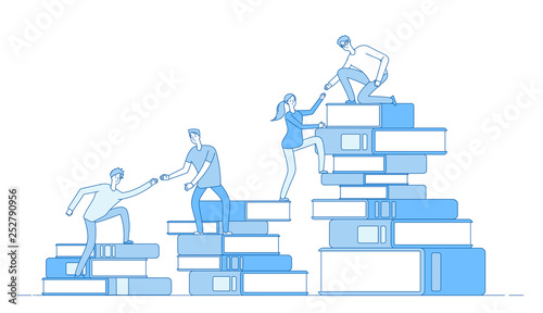 People book pile. Students climbing books business success education level staff skill development learning material vector concept. Illustration of education, stairs climb to stack books
