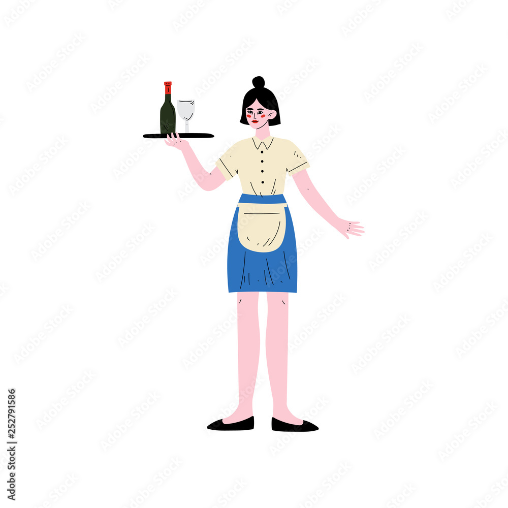 Waitress with Tray, Girl Serving of Drinks, Hotel Staff Character in Blue Uniform Vector Illustration Waitress with Tray, Girl Serving of Drinks, Hotel Staff Character in Blue Uniform Vector Illustration