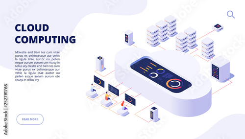 Cloud computing. Online backup secure computer internet hosting access apps networking 3d landing vector page. Isometric data cloud server, access to storage illustration