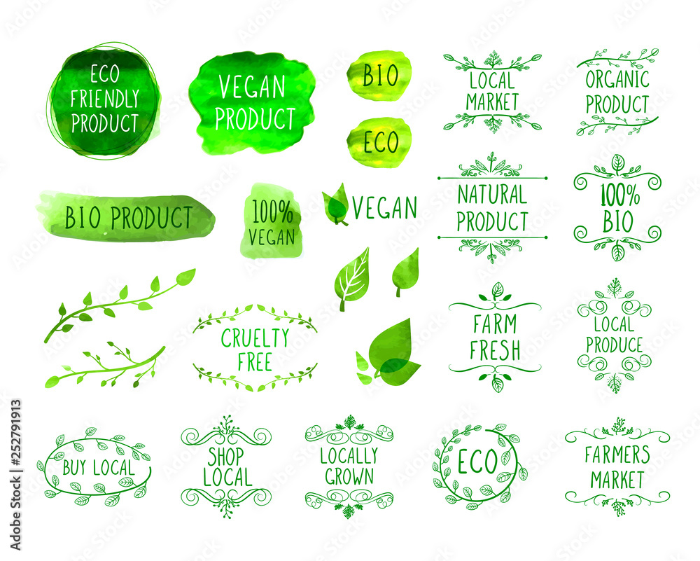 Vector Collection of Han Drawn Design Elements, Eco Natural Product, Farmers Market, Green Watercolor Drawings Isolated.