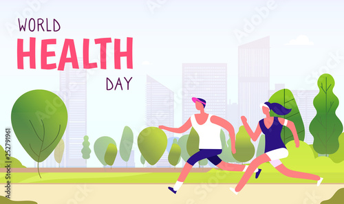World health day background. Healthy lifestyle man woman fitness fun runner healthcare global medicine holiday vector concept. Runner health sport, fitness exercise activity illustration