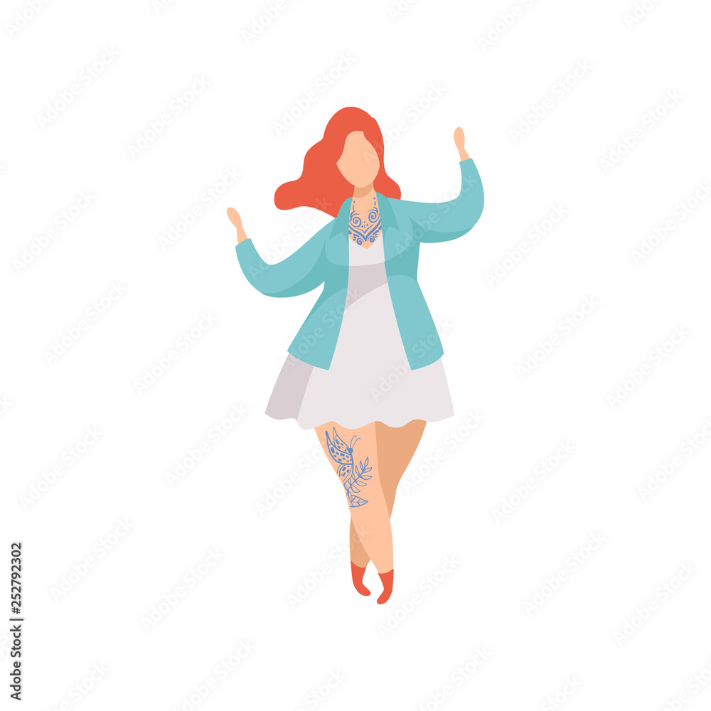 Beautiful Plump Girl with Tattoos, Young Woman Having Tattoo on Her Leg Vector Illustration Beautiful Plump Girl with Tattoos, Young Woman Having Tattoo on Her Leg Vector Illustration