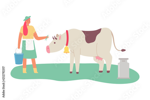 Milkmaid with a cow and a bucket of milk. Vector cartoon flat illustration of a female woman isolated on white background.