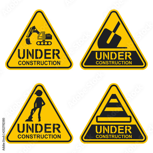 Under construction sign vector set. Warning icon collection isolated on a white background.