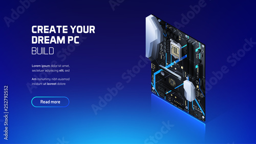 Gaming PC motherboard isometric illustration, custom computer components for workstation, computer store and service