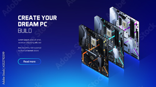 Gaming PC motherboard isometric illustration, custom computer components for workstation, computer store and service photo