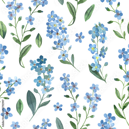 Watercolor seamless pattern of gentle blue flowers of forget-me-not with green leaves on white background.
