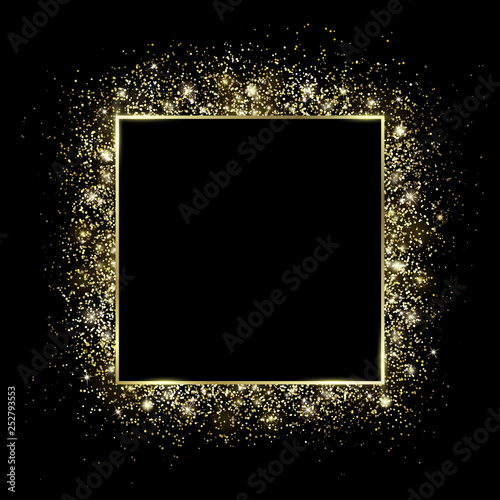Golden square frame and Glitter. Glowing particles