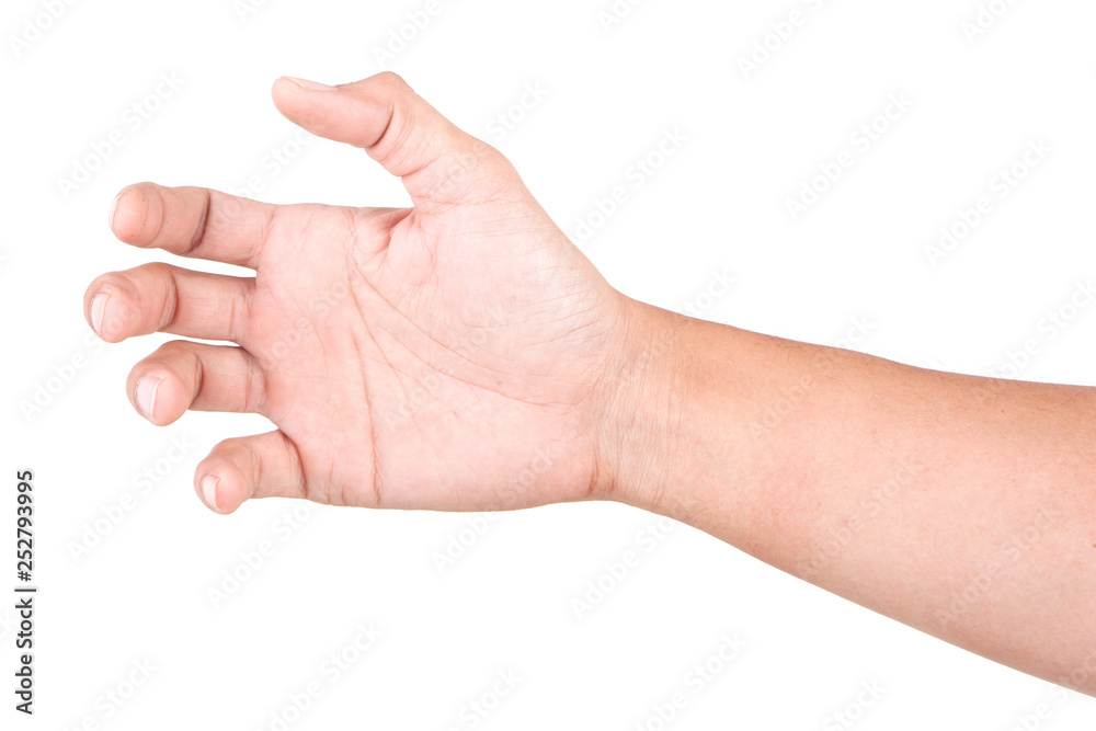 Male Caucasian hand gestures isolated over the white background. GRAB HAND. Male Caucasian hand gestures isolated over the white background. GRAB HAND.