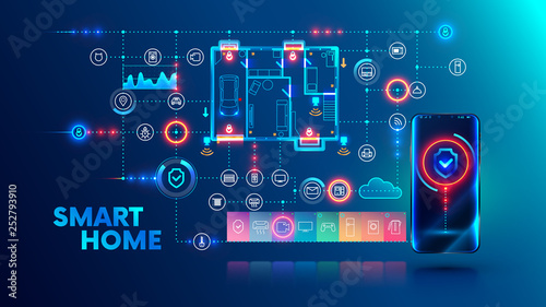 Smart home system concept. Phone controls house appliances and security via wireless network communication. Internet of things technology background with smartphone, icons devices, plan building.