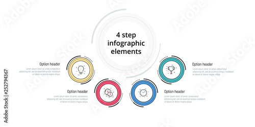 Business process chart infographic with 4 step circles. Circular corporate workflow graphic elements. Company flowchart presentation slide template. Vector info graphic design.