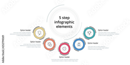 Business process chart infographic with 5 step circles. Circular corporate workflow graphic elements. Company flowchart presentation slide template. Vector info graphic design.