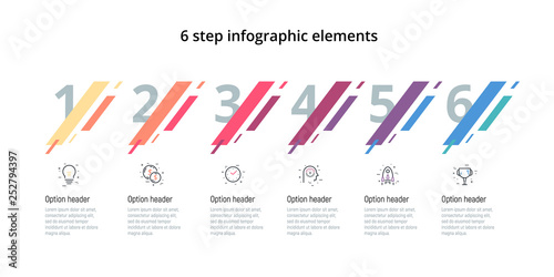 Business process chart infographic with 6 steps. Modern corporate workflow graphic elements. Company flowchart presentation slide template. Vector info graphic design.