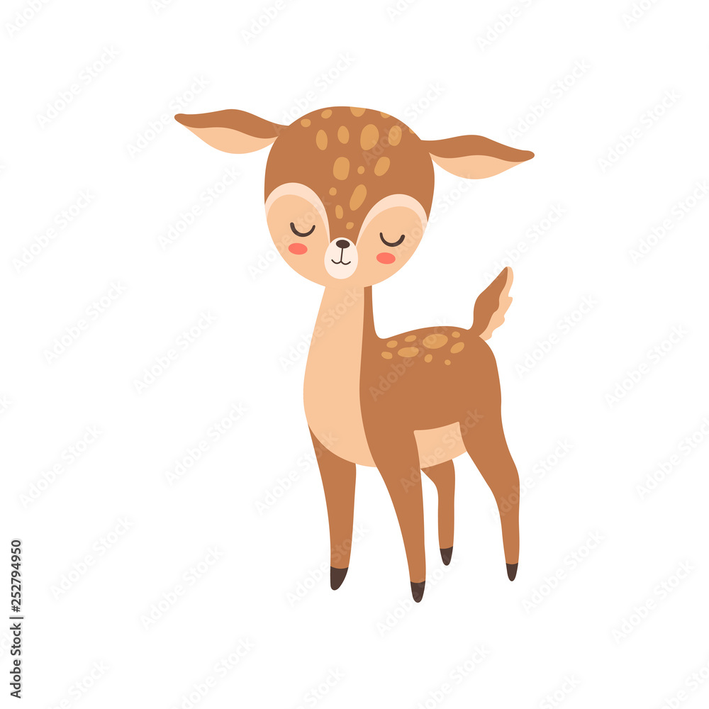 Obraz premium Cute Baby Deer Standing with Closed Eyes, Adorable Forest Fawn Animal Vector Illustration