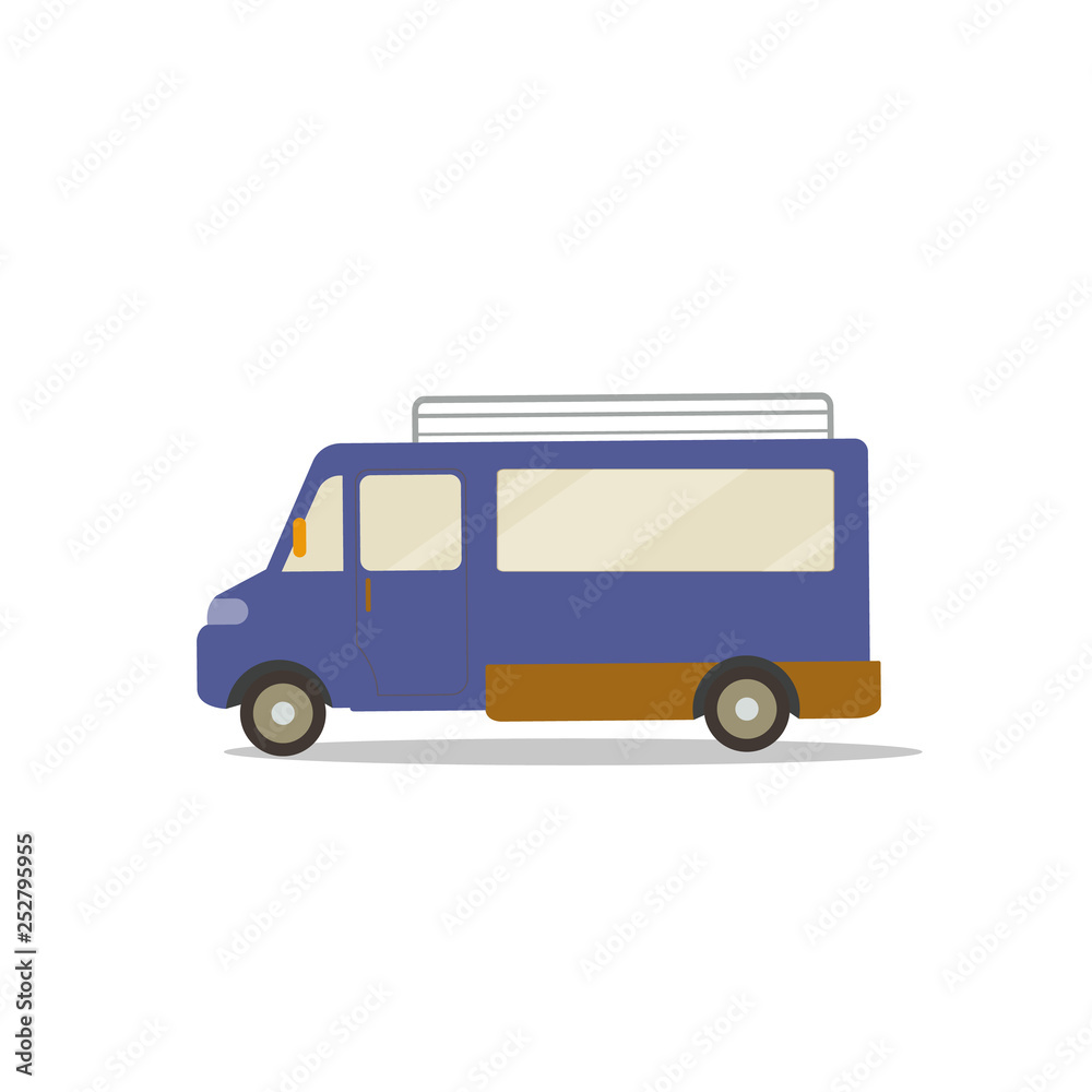 Flat cute cartoon blue van design with isolated white vector.Mini bus flat style.Travel Car concept.