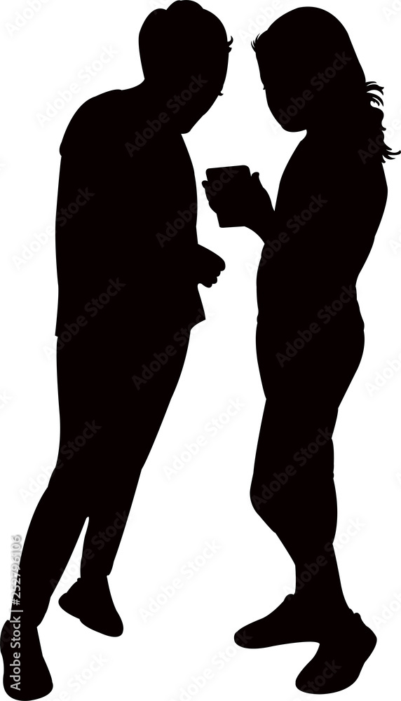 girls looking smarth phone and making chat, silhouette vector