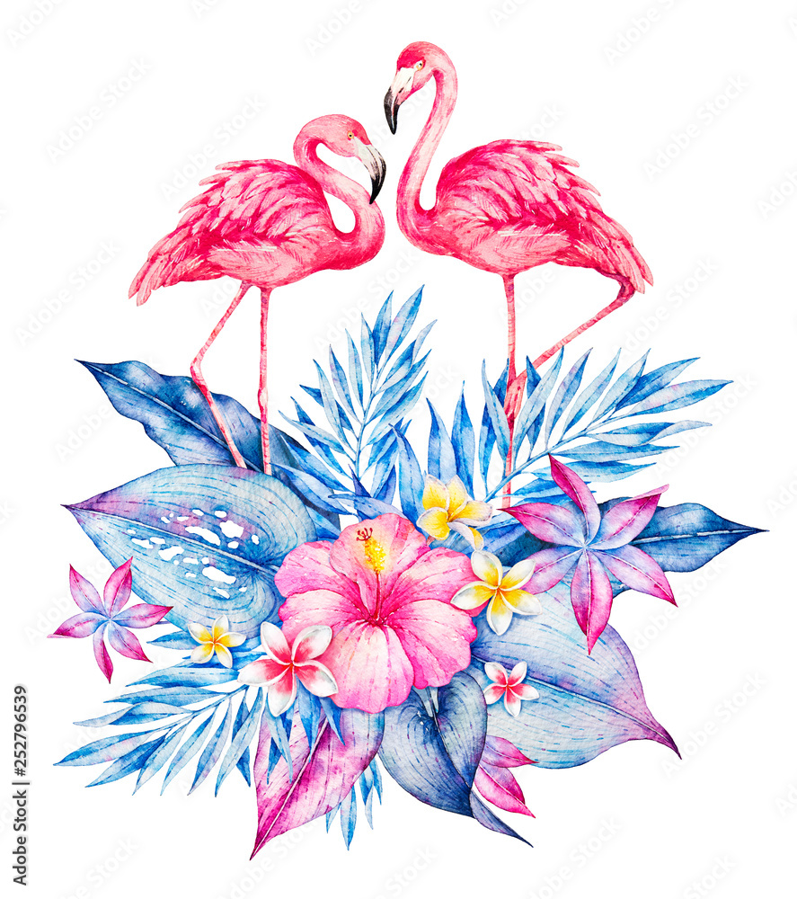 Fototapeta premium Flamingo in tropical leaves. Watercolor botanical Illustration. The composition of botanical flowers in tropical leaves.