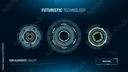 Circular futuristic user interfaces. HUD elements. Sci-fi touch screen display. Vector illustration