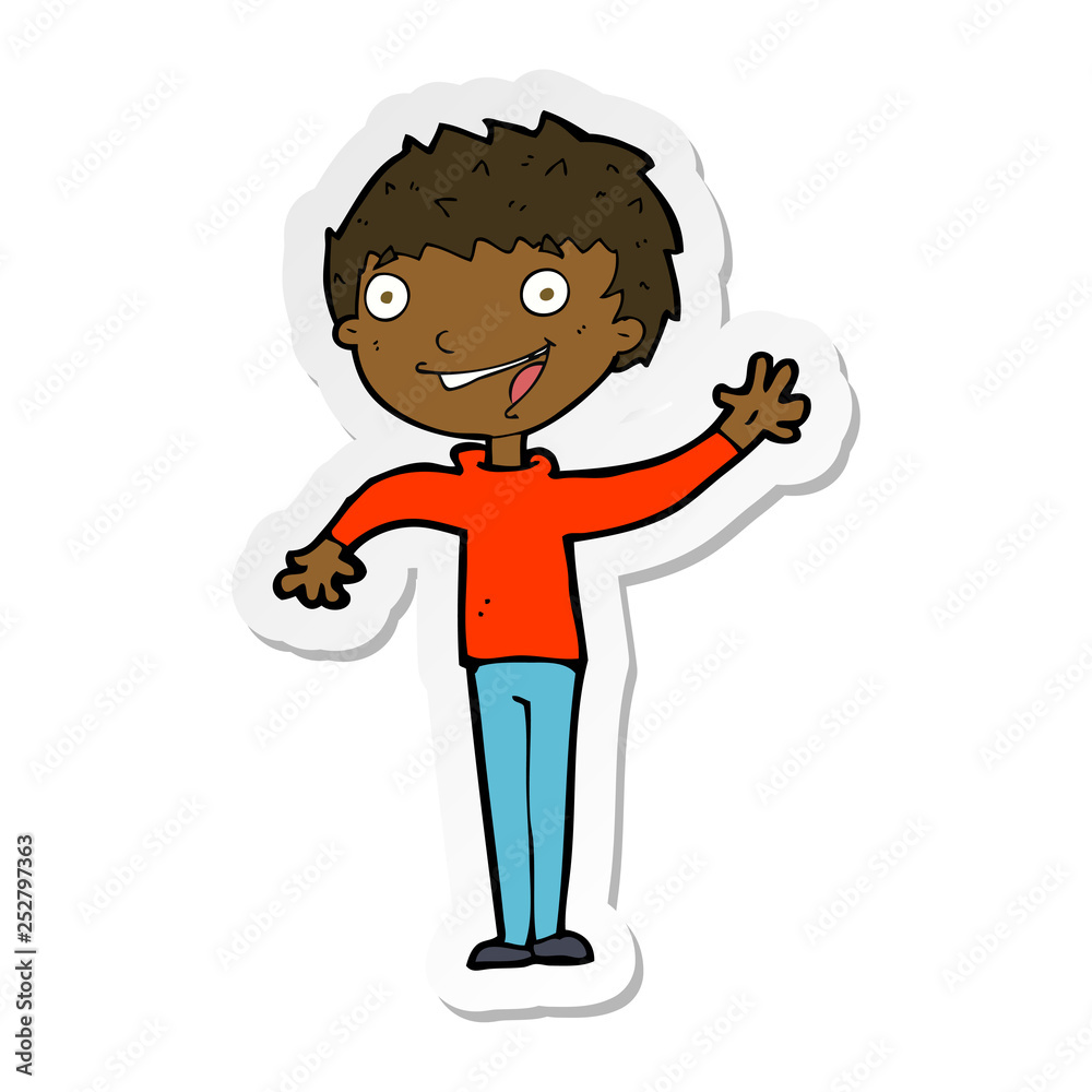 sticker of a cartoon happy boy waving sticker of a cartoon happy boy waving