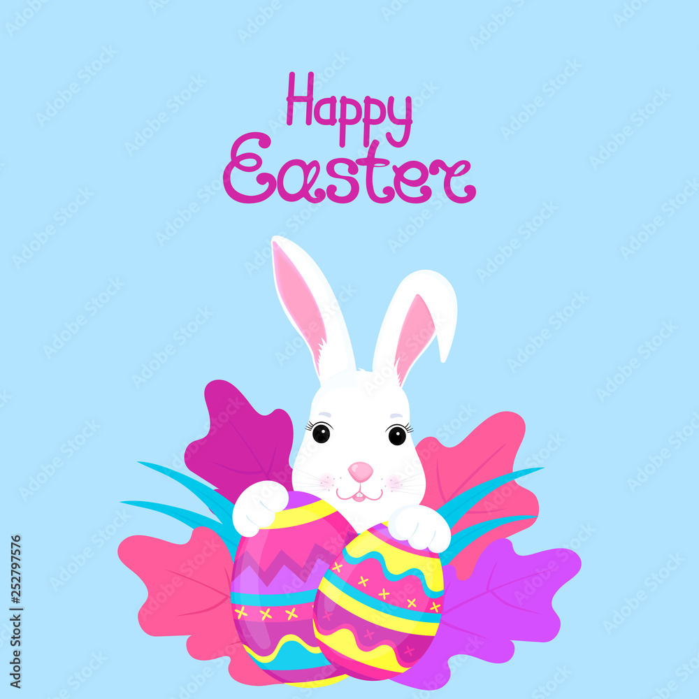 Cute white bunny looks out of the bush. Easter eggs. Rabbit Vector Cartoon Character. Greeting card.