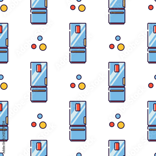 Vector seamless pattern in linear style. Kitchen electric appliances for cooking. The process of cooling food in the refrigerator. Fresh food.