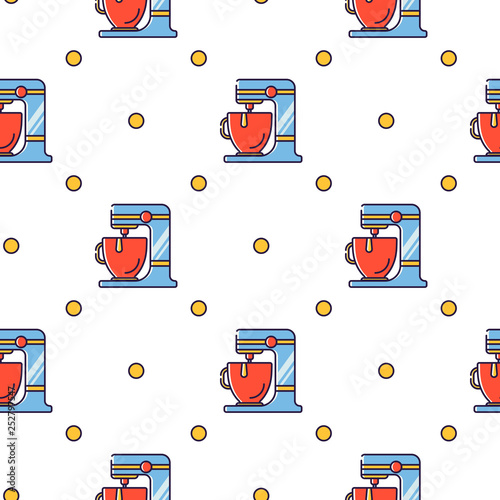 Vector seamless pattern in linear style. Kitchen electric appliances for cooking. The process of making dough for baking on a food processor.