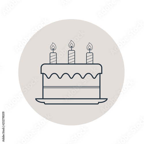 Icono plano lineal tarta cumpleaños en círculo color gris