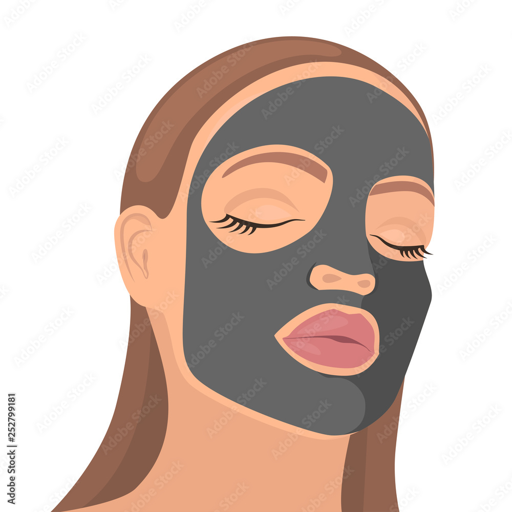 Cosmetic mask on the face. Young girl with cosmetic face mask. Skincare, girl caring for her face, moisturizing facial mask against the black dots. Vector Illustration. Cosmetic mask on the face. Young girl with cosmetic face mask. Skincare, girl caring for her face, moisturizing facial mask against the black dots. Vector Illustration.