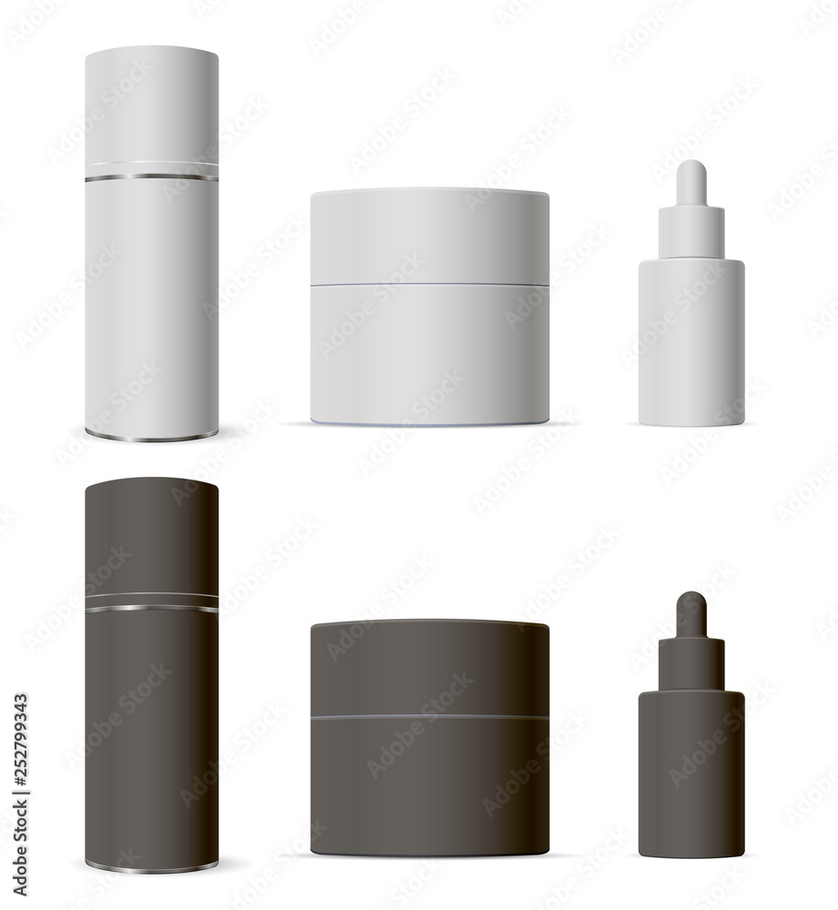Cosmetic Bottle Packaging Set with Dropper, Cream Jar and Spray Can Isolated in Black and White. Realistic 3d Object Template. Body Hygiene and Spa Products with Moisturizer and Serum. Cosmetic Bottle Packaging Set with Dropper, Cream Jar and Spray Can Isolated in Black and White. Realistic 3d Object Template. Body Hygiene and Spa Products with Moisturizer and Serum.