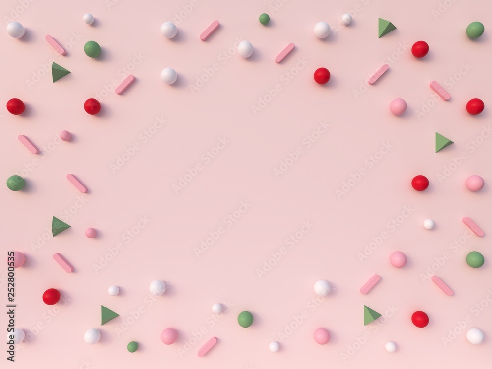 3d rendering. Geometric forms composition. Pink, green, red and white shapes on a pastel pink background.  Flat lay, top view, front view, copy space. 