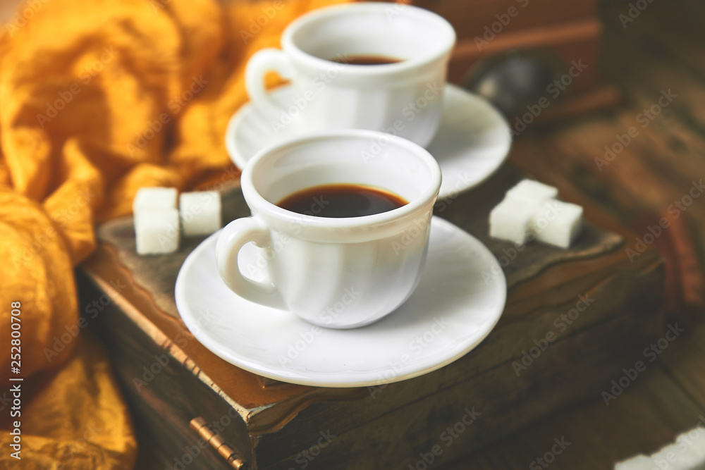 Two cups of coffee espresso near sugar cube Two cups of coffee espresso near sugar cube